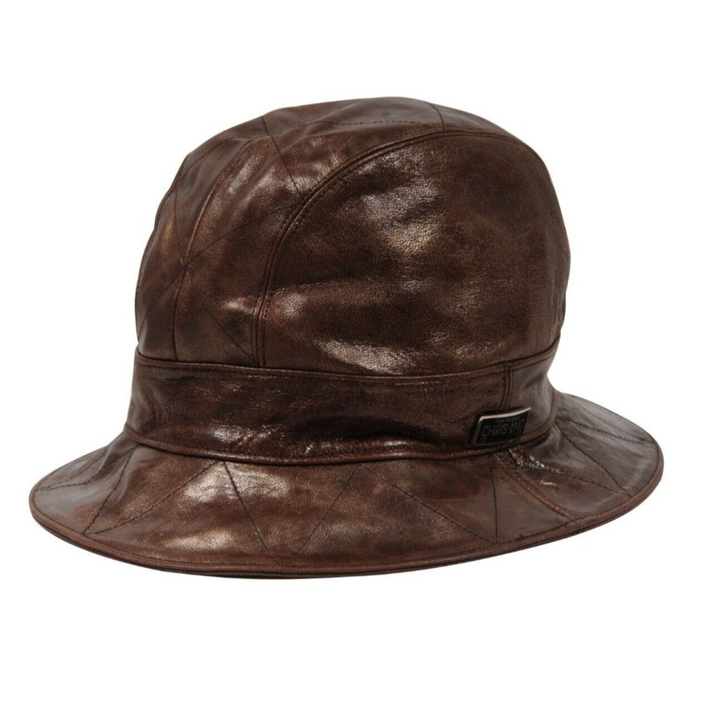 Christian Dior Womens Vintage Logo Bucket Hat 57 Brown Distressed Goat Leather